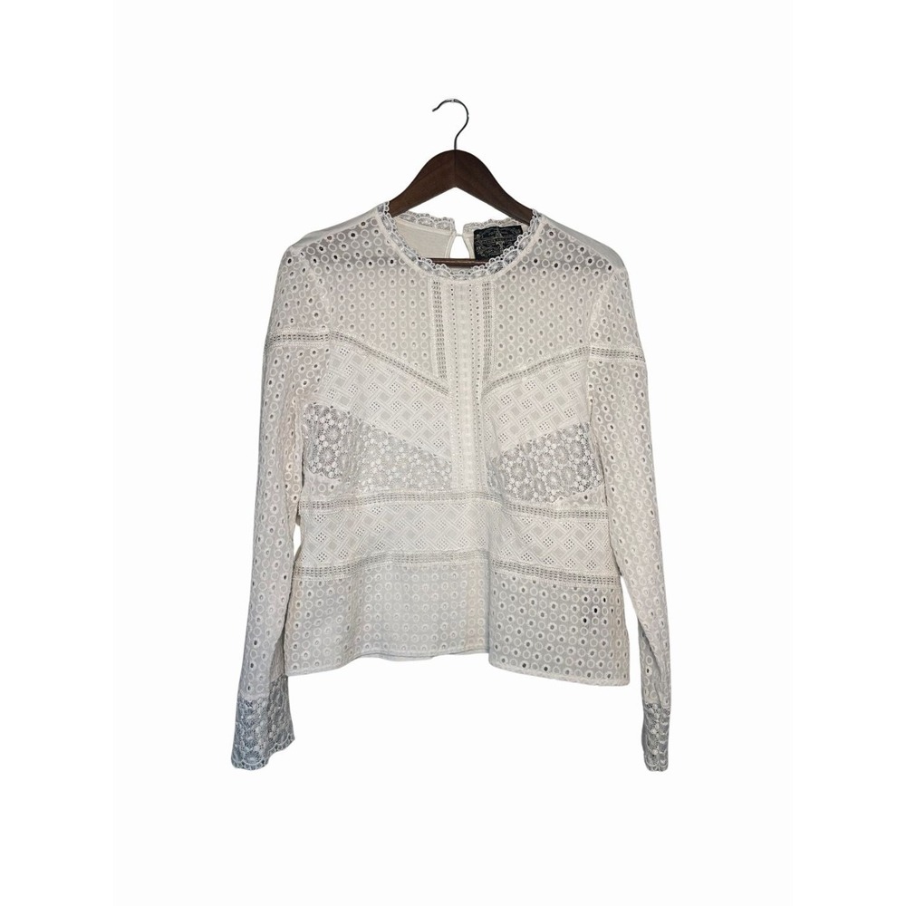 James Coviello Anthropologie White Eyelet Lace Romantic Blouse Top L